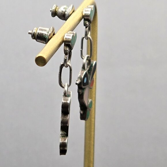 VTG Zuni Sterling Silver Inlay Hummingbird Dangle Earrings 1.25" Multi Gemstone - Picture 4 of 10